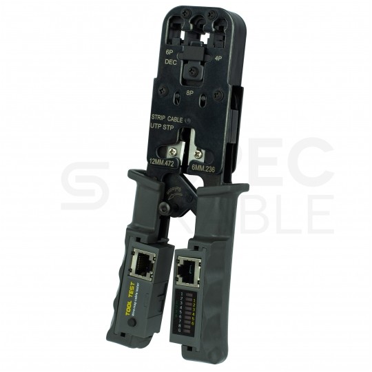 Zaciskarka wtyków modularnych RJ45 (8p8c) i telefonicznych RJ12 (6p6c) RJ11 (6p4c) oraz RJ10 (4p4c) czołowa z testerem kabli LAN NEKU