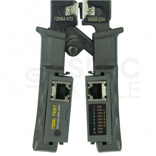 Zaciskarka wtyków modularnych RJ45 (8p8c) i telefonicznych RJ12 (6p6c) RJ11 (6p4c) oraz RJ10 (4p4c) czołowa z testerem kabli LAN NEKU