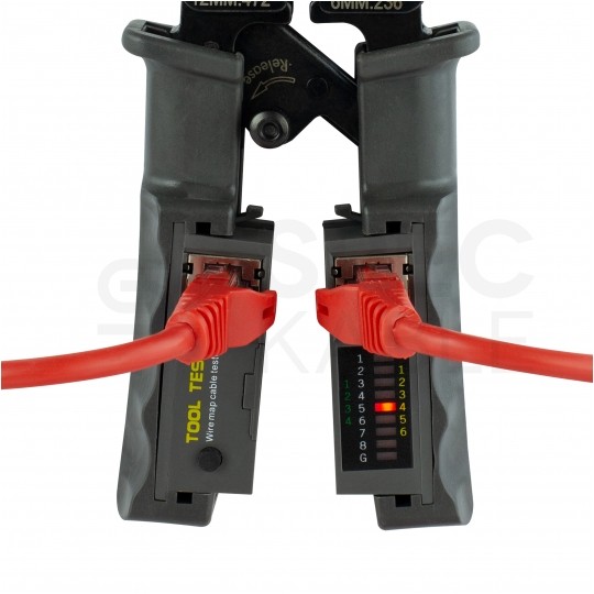 Zaciskarka wtyków modularnych RJ45 (8p8c) i telefonicznych RJ12 (6p6c) RJ11 (6p4c) oraz RJ10 (4p4c) czołowa z testerem kabli LAN NEKU