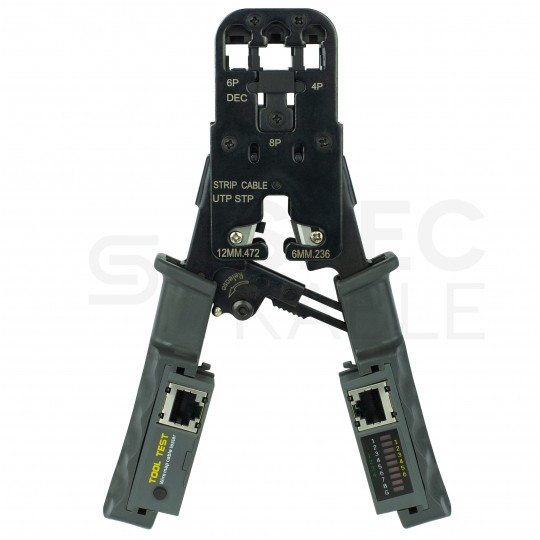 Zaciskarka wtyków modularnych RJ45 (8p8c) i telefonicznych RJ12 (6p6c) RJ11 (6p4c) oraz RJ10 (4p4c) czołowa z testerem kabli LAN NEKU