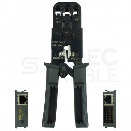 Zaciskarka wtyków modularnych RJ45 (8p8c) i telefonicznych RJ12 (6p6c) RJ11 (6p4c) oraz RJ10 (4p4c) czołowa z testerem kabli LAN NEKU
