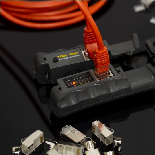 Zaciskarka wtyków modularnych RJ45 (8p8c) i telefonicznych RJ12 (6p6c) RJ11 (6p4c) oraz RJ10 (4p4c) czołowa z testerem kabli LAN NEKU