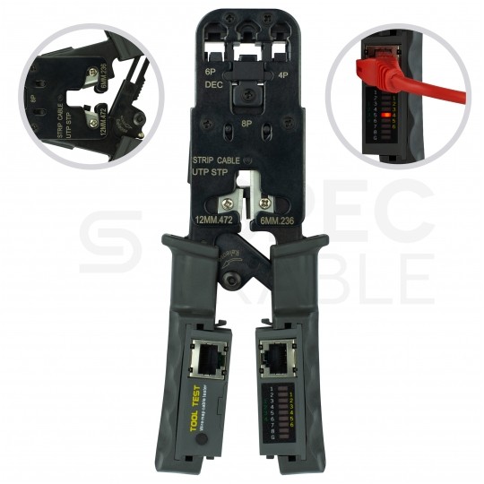 Zaciskarka wtyków modularnych RJ45 (8p8c) i telefonicznych RJ12 (6p6c) RJ11 (6p4c) oraz RJ10 (4p4c) czołowa z testerem kabli LAN NEKU