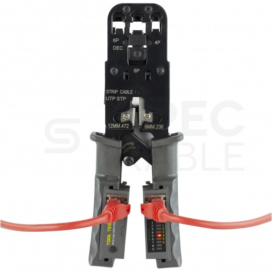 Zaciskarka wtyków modularnych RJ45 (8p8c) i telefonicznych RJ12 (6p6c) RJ11 (6p4c) oraz RJ10 (4p4c) czołowa z testerem kabli LAN NEKU