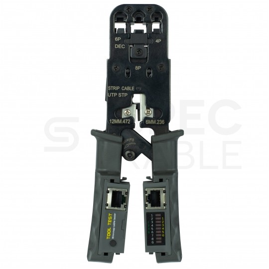 Zaciskarka wtyków modularnych RJ45 (8p8c) i telefonicznych RJ12 (6p6c) RJ11 (6p4c) oraz RJ10 (4p4c) czołowa z testerem kabli LAN NEKU