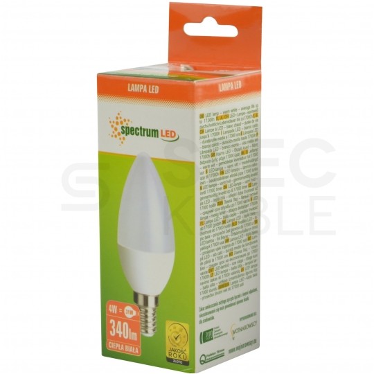 Żarówka LED E14 230V 4W 340lm 2700-3200K świecowa prosta barwa WW biała ciepła SPECTRUM LED