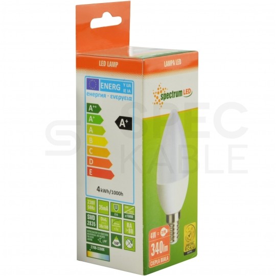 Żarówka LED E14 230V 4W 340lm 2700-3200K świecowa prosta barwa WW biała ciepła SPECTRUM LED