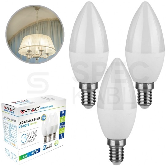 Żarówka LED E14 230V 5,5W 470lm 2700K IP20 barwa ciepła WW V-TAC VT-2076 3 sztuki