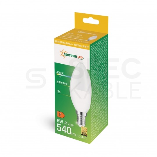 Żarówka LED E14 230V 6W 540lm 4000K świecowa prosta barwa NW biała neutralna SPECTRUM LED