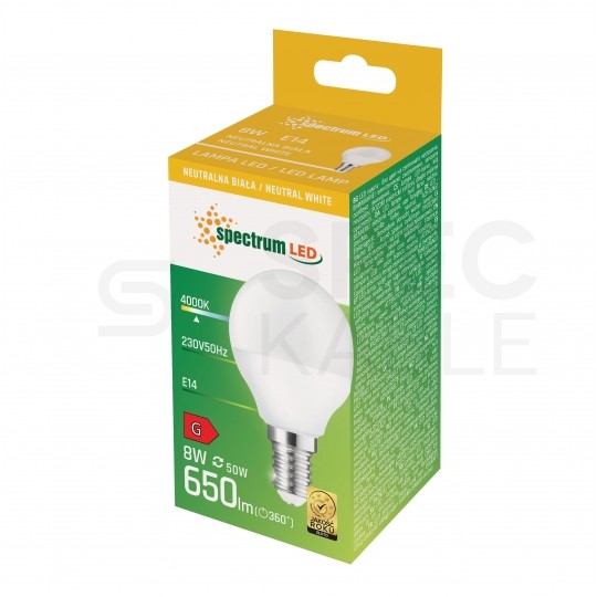 Żarówka LED E14 230V 8W 730lm 4000K kula barwa NW biała neutralna SPECTRUM LED