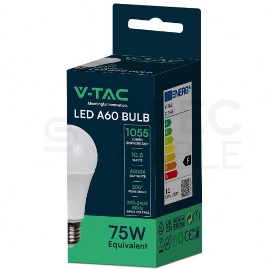 Żarówka LED E27 230V 10,5W 1055lm 6500K IP20 barwa CW biała zimna V-TAC VT-2112-N