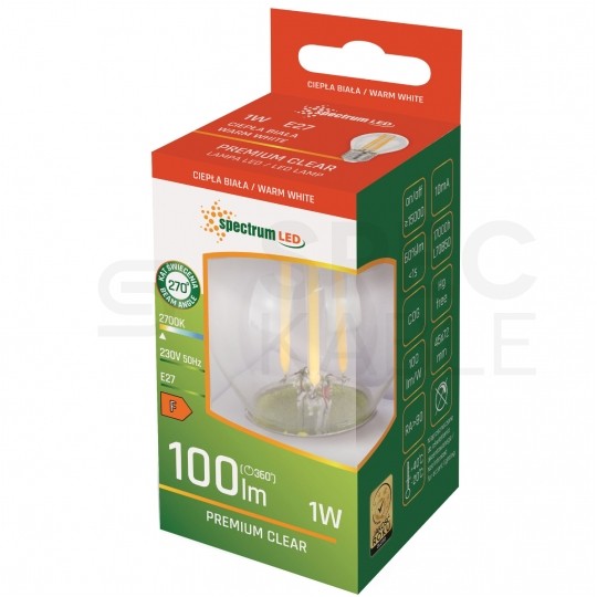 Żarówka LED E27 230V 1W 100lm 2700K kula barwa WW biała ciepła SPECTRUM LED