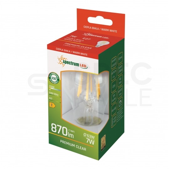 Żarówka LED E27 230V 7W 870lm 3000K kulka barwa WW biała ciepła SPECTRUM LED