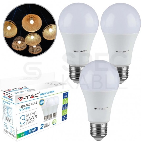 Żarówka LED E27 230V 9W 806lm 4000K IP20 barwa neutralna NW V-TAC VT-1900 3 sztuki