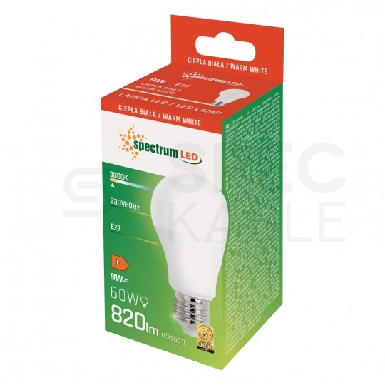 Żarówka LED E27 230V 9W 820lm 3000K kula barwa WW biała ciepła SPECTRUM LED
