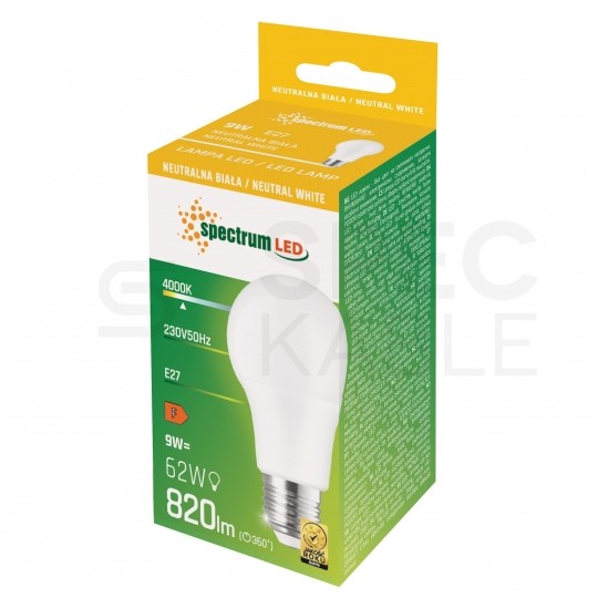 Żarówka LED E27 230V 9W 820lm 4000K kula barwa NW biała neutralna SPECTRUM LED