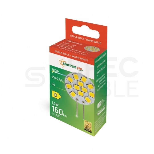 Żarówka LED G4 12V 1,2W 160lm 3000K okrągła do lampki 20mm barwa WW biała ciepła SPECTRUM LED