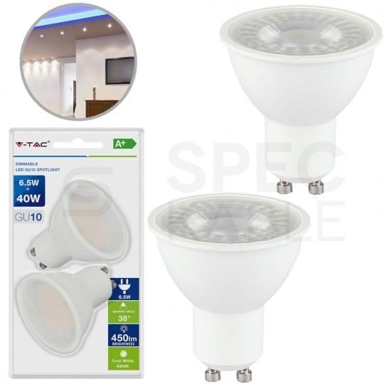 Żarówka LED GU10 230V 6,5W 450lm 6400K IP20 barwa zimna CW V-TAC VT-2108D 2 sztuki