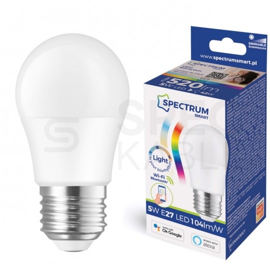 Żarówka LED Smart E27 230V 5W 520lm CCT/RGB ściemnialna Kulka sterowana WIFI i Bluetooth spectrum LED