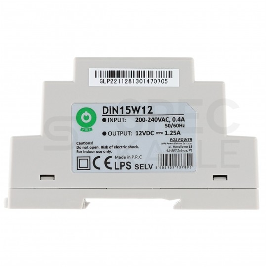 Zasilacz na szynę DIN 12V 1,25A 15W uniwersalny POS Power