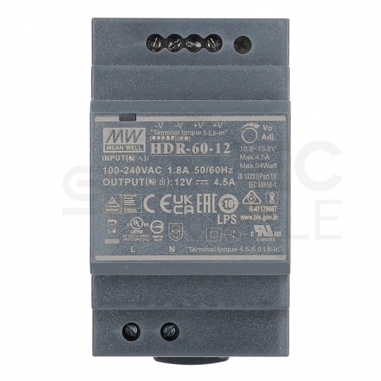 Zasilacz na szynę DIN 12V 4,5A 54W uniwersalny SLIM (3-modułowy) HDR Mean Well