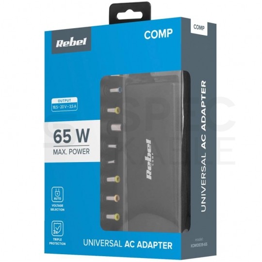 Zasilacz sieciowy AC/DC do laptopa 18,5-20V DC 65W uniwersalny (10 końcówek) REBEL