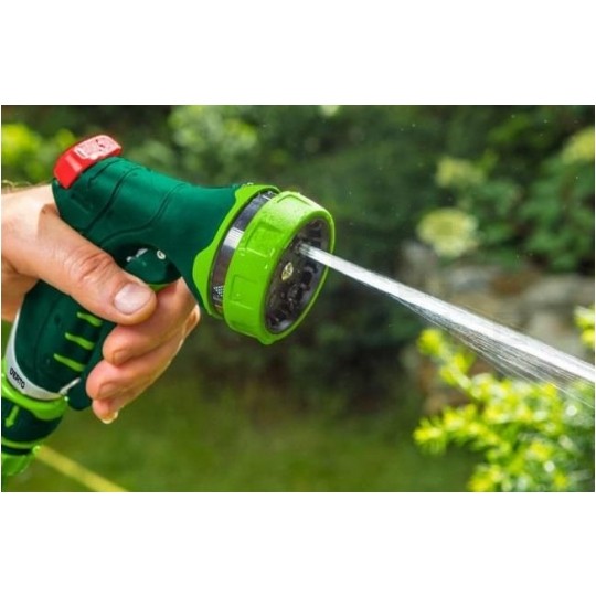 Zestaw 4 elementów do węża 1/2": zraszacz pistoletowy 7-funkcyjny + złączki (przelotowa oraz STOP) + przyłącze do kranu VERTO 15G713