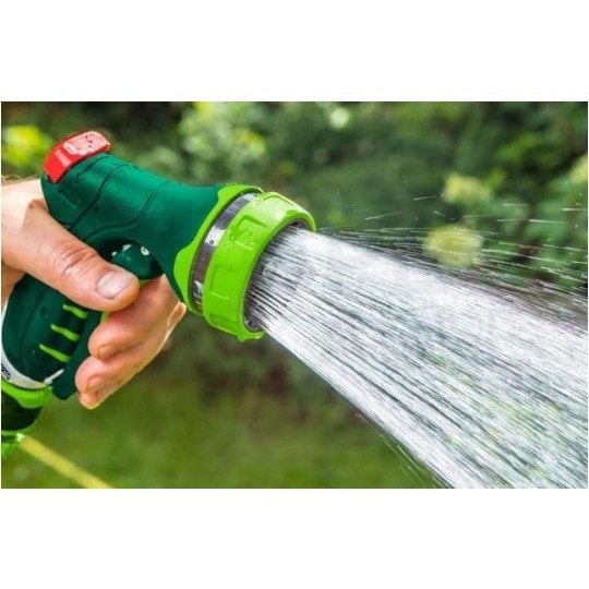 Zestaw 4 elementów do węża 1/2": zraszacz pistoletowy 7-funkcyjny + złączki (przelotowa oraz STOP) + przyłącze do kranu VERTO 15G713