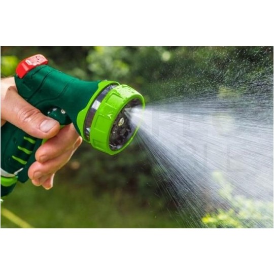 Zestaw 4 elementów do węża 1/2": zraszacz pistoletowy 7-funkcyjny + złączki (przelotowa oraz STOP) + przyłącze do kranu VERTO 15G713