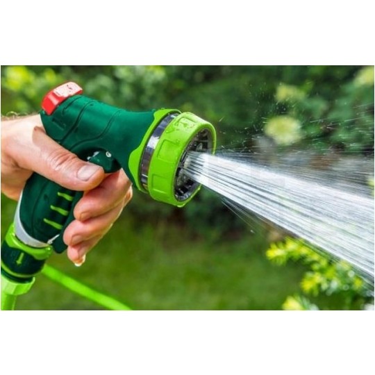 Zestaw 4 elementów do węża 1/2": zraszacz pistoletowy 7-funkcyjny + złączki (przelotowa oraz STOP) + przyłącze do kranu VERTO 15G713