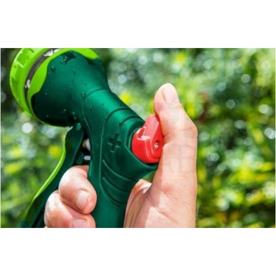 Zestaw 4 elementów do węża 1/2": zraszacz pistoletowy 7-funkcyjny + złączki (przelotowa oraz STOP) + przyłącze do kranu VERTO 15G713