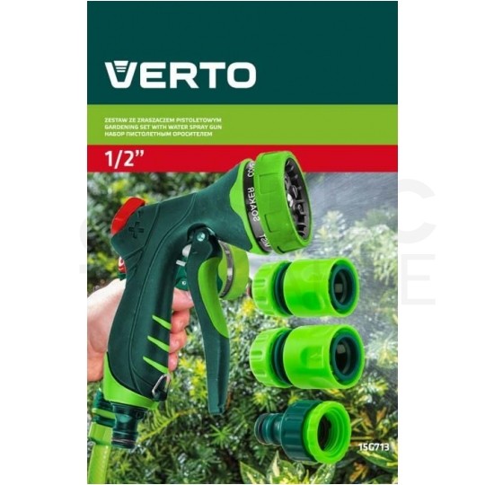 Zestaw 4 elementów do węża 1/2": zraszacz pistoletowy 7-funkcyjny + złączki (przelotowa oraz STOP) + przyłącze do kranu VERTO 15G713
