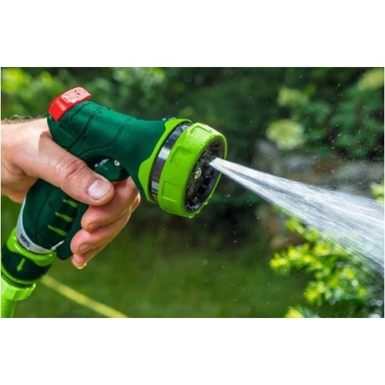 Zestaw 4 elementów do węża 1/2": zraszacz pistoletowy 7-funkcyjny + złączki (przelotowa oraz STOP) + przyłącze do kranu VERTO 15G713