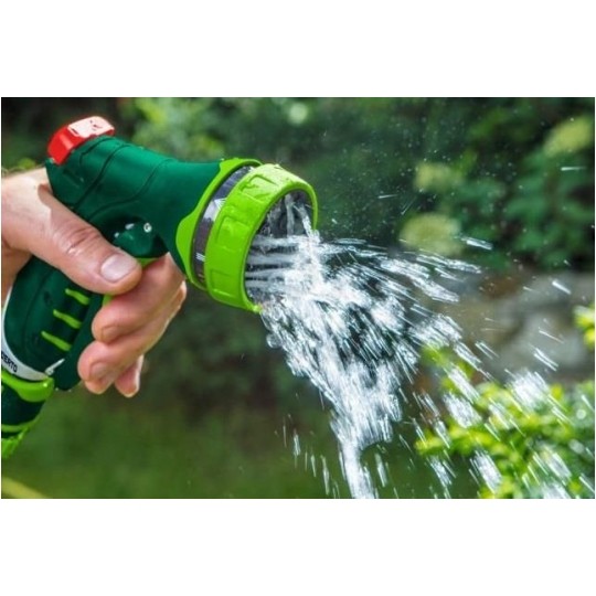 Zestaw 4 elementów do węża 1/2": zraszacz pistoletowy 7-funkcyjny + złączki (przelotowa oraz STOP) + przyłącze do kranu VERTO 15G713