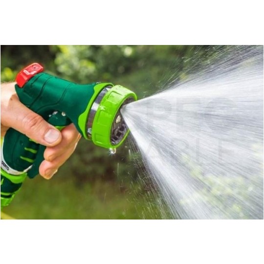 Zestaw 4 elementów do węża 1/2": zraszacz pistoletowy 7-funkcyjny + złączki (przelotowa oraz STOP) + przyłącze do kranu VERTO 15G713