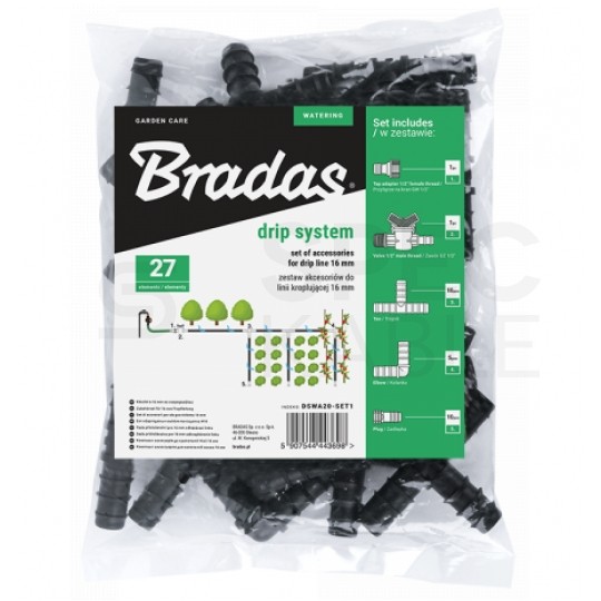 Zestaw akcesoriów do linii kroplującej 16mm (przyłącze, zawór, trójniki, kolanka, zaślepki ) 27 elementów BRADAS