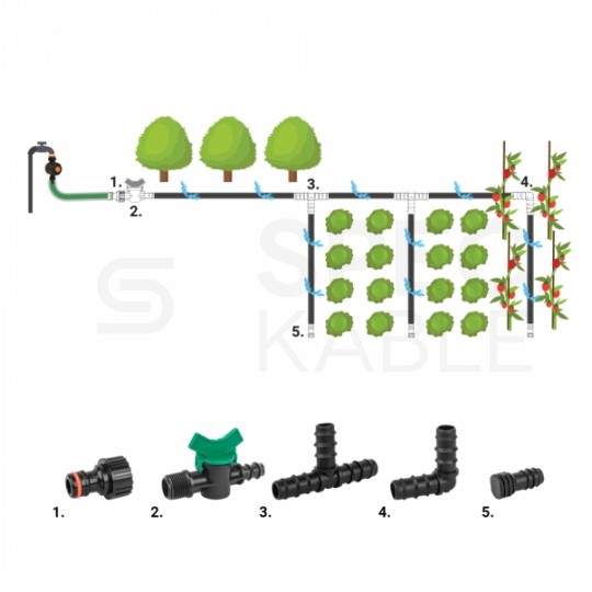 Zestaw akcesoriów do linii kroplującej 16mm (przyłącze, zawór, trójniki, kolanka, zaślepki ) 27 elementów BRADAS