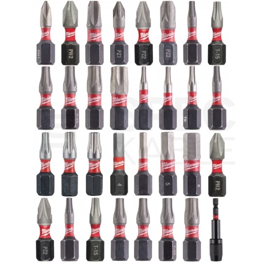 Zestaw bitów udarowych 32szt. z uchwytem SHOCKWAVE 1/4'' Hex 73mm w kasecie Shockwave Impact Duty MILWAUKEE