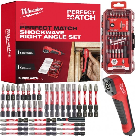 Zestaw bitów udarowych SHOCKWAVE + przystawka kątowa PERFECT MATCH MILWAUKEE