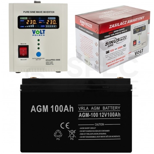 Zestaw do awaryjnego zasilania pieca CO, pompy itp. Komplet Zasilacz awaryjny UPS SINUS PRO E 12V 500VA + Akumulator AGM 100Ah VOLT