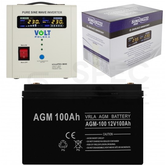 Zestaw do awaryjnego zasilania pieca CO, pompy itp. Komplet Zasilacz awaryjny UPS SINUS PRO E 12V 800VA + Akumulator AGM 100Ah VOLT