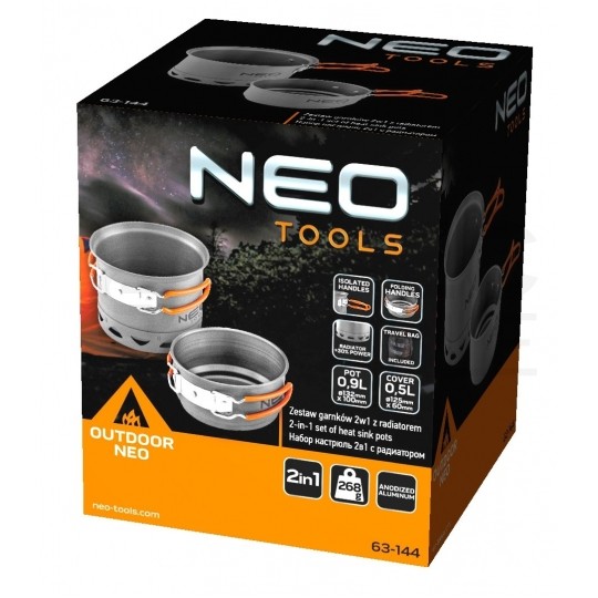 Zestaw garnków turystycznych 2w1 z radiatorem na kamping NEO 63-144