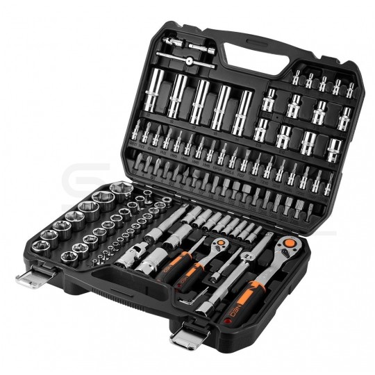 Zestaw kluczy nasadowych 1/2" i 1/4", bitów oraz akcesoriów 110 elementów w walizce NEO 10-066