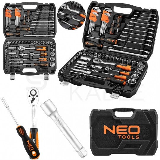 Zestaw kluczy nasadowych 1/2" i 1/4", bitów oraz akcesoriów 138 elementów w walizce NEO 10-208