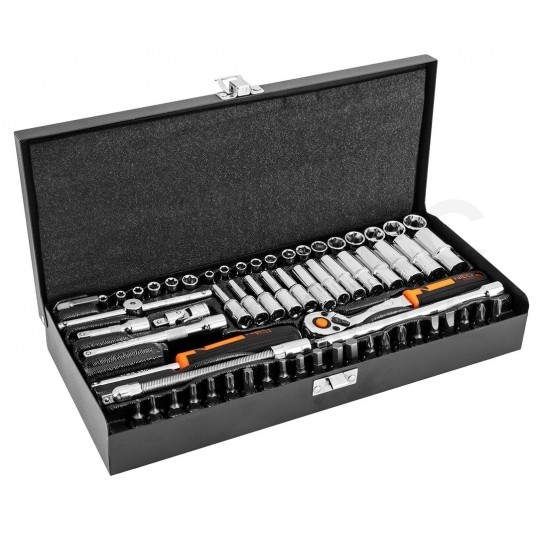 Zestaw kluczy nasadowych 63 elementy: grzechotka 1/4" + bity + akcesoria + metalowa obudowa NEO 10-008
