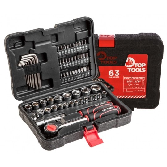 Zestaw kluczy nasadowych 63 elementy: grzechotka 3/8" + nasadki + akcesoria + walizka TOP TOOLS