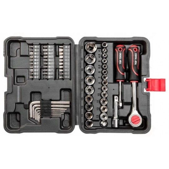 Zestaw kluczy nasadowych 63 elementy: grzechotka 3/8" + nasadki + akcesoria + walizka TOP TOOLS