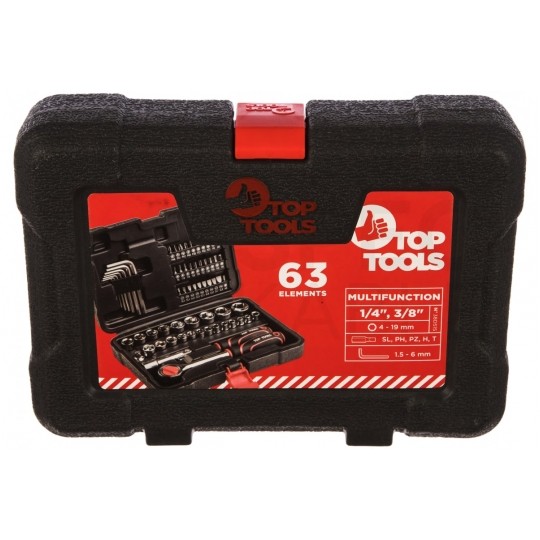 Zestaw kluczy nasadowych 63 elementy: grzechotka 3/8" + nasadki + akcesoria + walizka TOP TOOLS