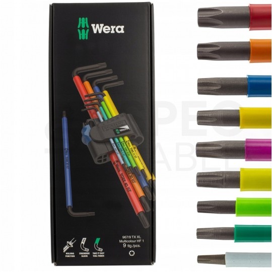 Zestaw kluczy torx trzpieniowych długich z funkcją przytrzymywania 9szt 8-40 kolor HF WERA
