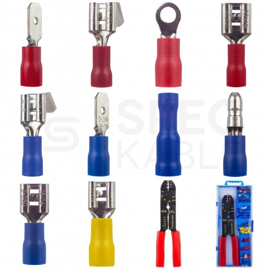 Zestaw końcówek kablowych izolowanych 0,5-6mm2 MIX konektorów 100szt w pudełku + zaciskarka 0,5-6mm2 ORNO